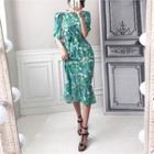 3/4-sleeve Floral Midi Dress With Sash