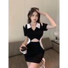 Short-sleeve Collar Two-tone Mini Sheath Dress Black - One Size