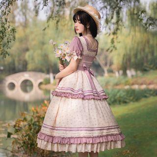 Set: Puff-sleeve Floral Print Frill Trim A-line Lolita Dress + Arm Sleeves + Bow