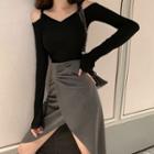 Cold Shoulder Long-sleeve T-shirt / Irregular Hem Midi Skirt
