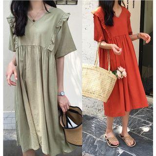 Ruffle Trim Short-sleeve Midi A-line Dress