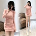 Mock-neck Shirred Mini Bodycon Dress Pink - One Size