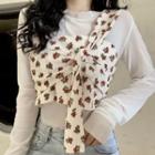 Long-sleeve Floral Print Twist-front Crop Top Floral - Off-white - One Size