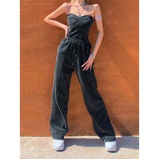 Set: Strapless Top + High Waist Wide Leg Pants