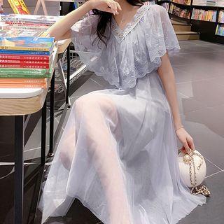 Set: Short-sleeve Maxi Mesh Dress + Spaghetti Strap Dress