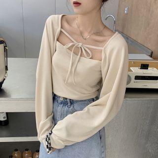Set : Strap Knot Oversize Shawl Jacket + Suspender Plain Tank Top
