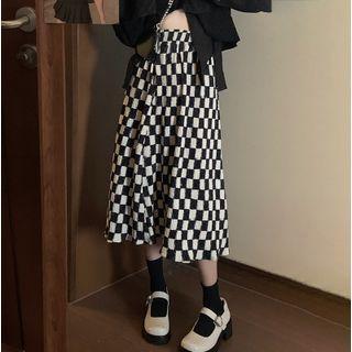 High Waist Checkerboard Midi A-line Skirt