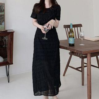 Short-sleeve Frill Trim Drawstring Midi A-line Dress