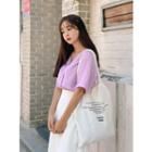 Elbow-sleeve Faux-pearl Button Blouse