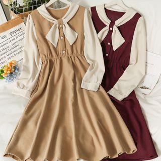 Ribbon-neckline Colorblock Midi Dress