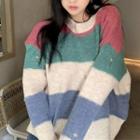 Color Block Sweater Apricot White & Pink & Green & Blue - One Size