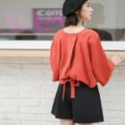 Plain Loose-fit Cutout Puff-sleeve Blouse