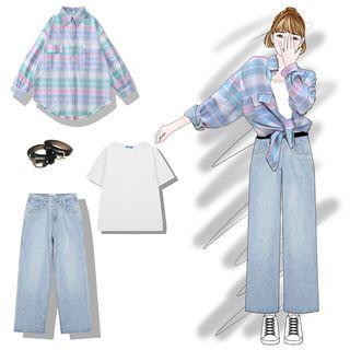 Plaid Shirt / Short-sleeve T-shirt / Wide-leg Jeans / Belt