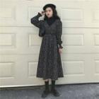 Long-sleeve Floral Print A-line Dress White Floral - Black - One Size
