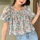 Puff-sleeve Floral Print Top Green - One Size