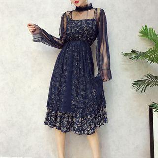 Set: Floral Print Mock Two-piece Mesh Dress + Knit Vest