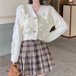Bow Accent Cable-knit Cardigan / Plaid Mini Pleated Skirt
