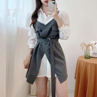Set: Puff-sleeve Shirt + Belted Mini Overall Dress