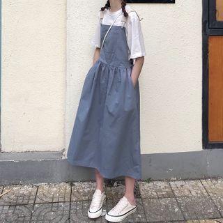 A-line Midi Pinafore Dress Navy Blue - One Size