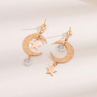 925 Sterling Silver Rhinestone Moon Star Stud Earrings Gold - One Size