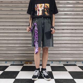 Wide-leg Denim Shorts / Print Scarf Pants Chain