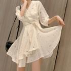 Elbow-sleeve Dotted Mini A-line Wrap Dress