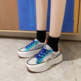 Studded Lettering Print Panel Platform Sneakers