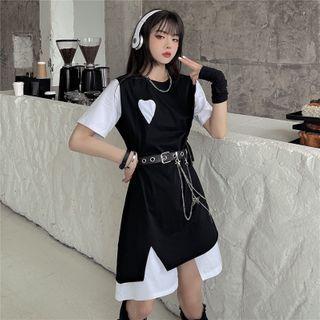 Short Sleeve Mock Two Piece Heart Print T-shirt Dress / Faux Leather Chain Belt Bag