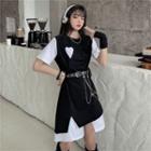 Short Sleeve Mock Two Piece Heart Print T-shirt Dress / Faux Leather Chain Belt Bag