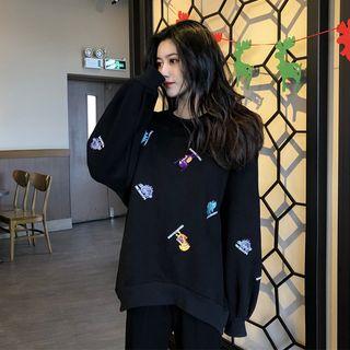 Animal Embroidered Round Neck Pullover Black - One Size