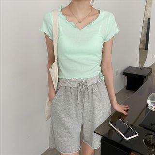Short-sleeve Drawstring Ruffled T-shirt
