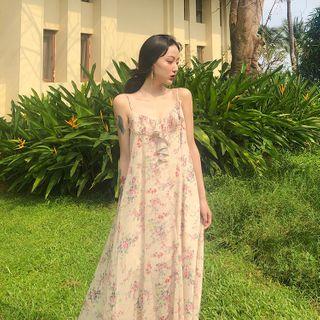 Spaghetti Strap Midi Floral Dress Almond - One Size