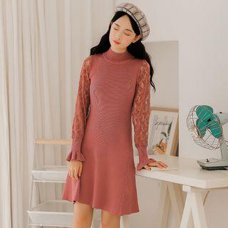 Mock-turtleneck Long-sleeve Lace Knit Panel Dress