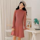 Mock-turtleneck Long-sleeve Lace Knit Panel Dress