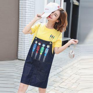 Set: Short-sleeve T-shirt + Printed Denim Pinafore Dress