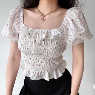 Floral Ruffle Square-neck Bubble Top