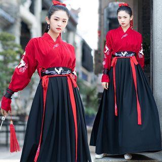 Set: Long-sleeve Hanfu Top + Maxi Skirt + Headpiece