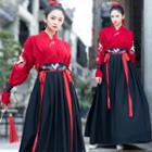 Set: Long-sleeve Hanfu Top + Maxi Skirt + Headpiece
