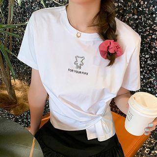 Short-sleeve Rhinestone Lettering Asymmetric T-shirt