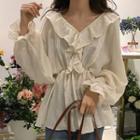 Long-sleeve Frilled Top Almond - One Size