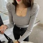 Puff-shoulder Square-neck Knit Top