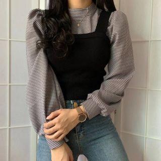 Set: Puff-sleeve Plaid Blouse + Knit Vest