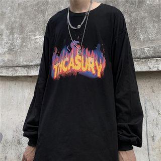 Long-sleeve Fire Print Lettering T-shirt