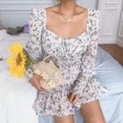 Floral Print Sweetheart Neckline Long-sleeve Mini A-line Dress