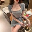 Short Sleeve Mesh Panel Sheath Dress