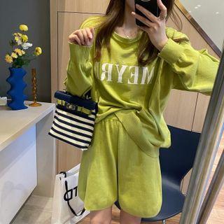 Set : Long-sleeve Round-neck Lettering Knit Top + Plain Shorts