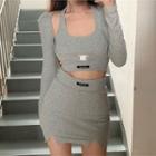 Set: Long-sleeve Crop Top + Tank Top + Mini Pencil Skirt