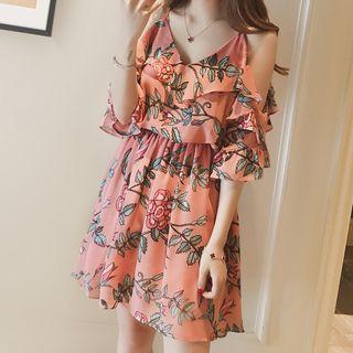 Cold-shoulder Flower Print A-line Mini Dress