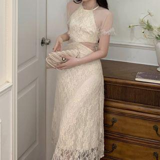Short-sleeve Fringed Lace Panel Midi A-line Dress