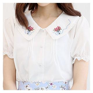 Puff-sleeve Flower-embroidered Blouse